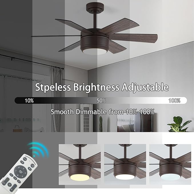 SHOWDI Ceiling Fan with Lights and Remote, 6 Blade App Control Timer Reversible Stepless Brightness and Color Temperature Outdoor Wood Ceiling Fan with Lights (Brown, 42 Inch)