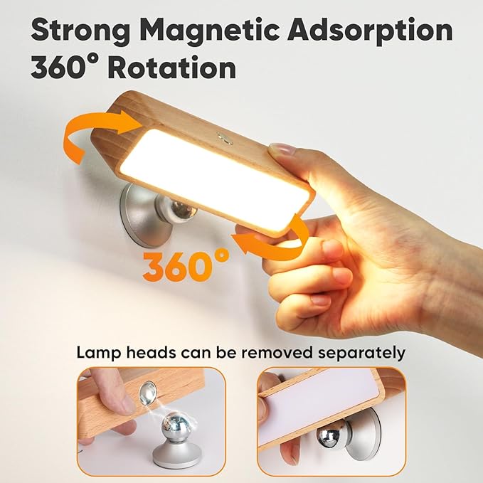 Battery Operated Wall Sconces Set of Two, Rechargeable Wall Lights Battery Operated, Wood Stick On Wall Mounted lamp Bedside Reading for Bedroom, Stepless Dimmable Wall Lamps for Living Room