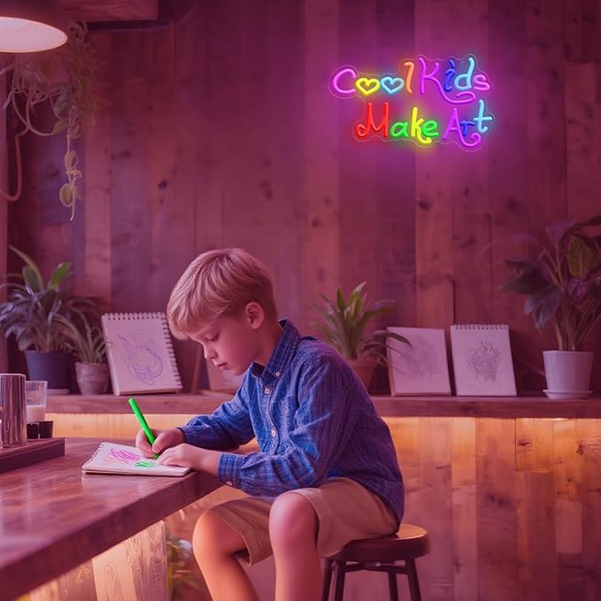 Cool Kids Make Art Neon Sign for Classroom, Art Neon Light Wall Decor, Kids Neon Light Sign Colorful Letter Led Neon Lights for Bedroom Library School Decoration 14.17 x 8.27 inch