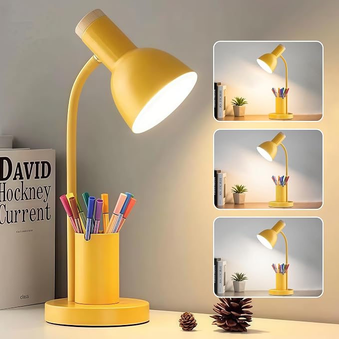 LED Desk Lamp for Home Office, Table Lamp with Pen Holder, 3 Color Modes Reading Light, Eye-Caring Desk Light with Gooseneck, Metal Study Lamp for Dorm Bedside Bedroom (Yellow lamp)