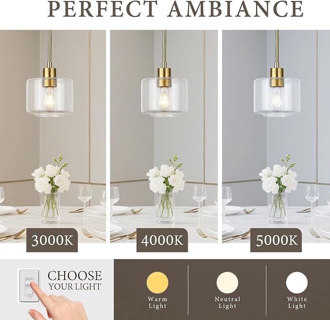 Brushed Gold Pendant Lights Kitchen Island 2 Pack, Modern Clear Glass Hanging Light Fixtures with Rods, Mini Kitchen Pendant Lighting Over Island for Sink Bathroom, OS-YQ8153-2PBGC