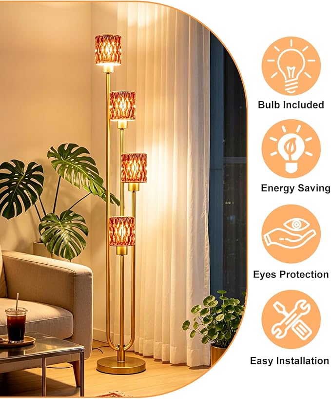 Vintage 4-Light Deep Red Glass Floor Lamp, Dimmable Gold Standing Tall Lamp for Reading, Mid Century Modern Floor Lamp for Living Room Bedroom Home Office Corner Decor, Bulb Included