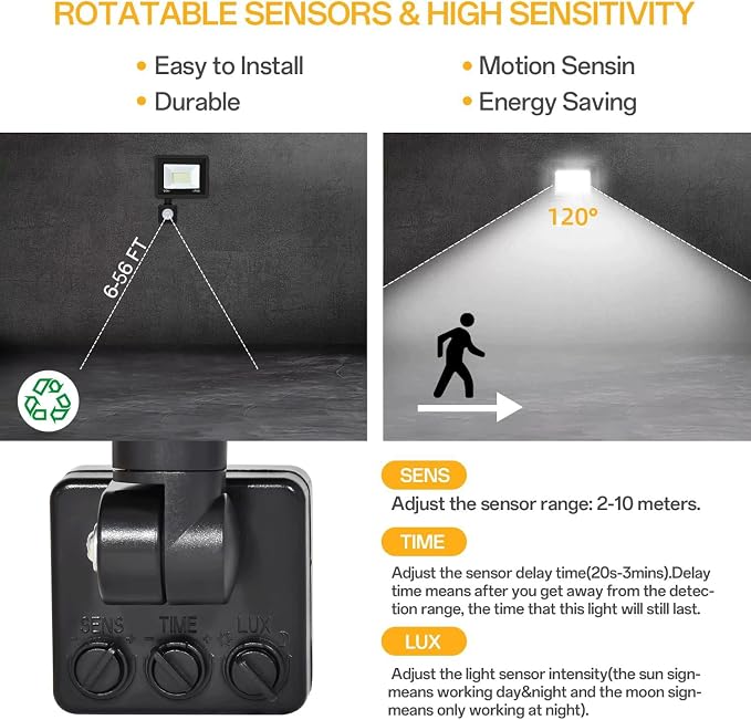 50W Plug in Motion Sensor Lights Outdoor, 5500LM Motion Flood Light Dusk to Dawn, IP65 Waterproof Led Security Light Outside, Motion Activated Wall Light for Garage, Porch, Yard