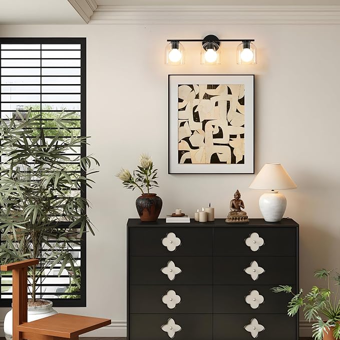 WOSHITU Bathroom Vanity Light Fixtures: 23.3 Inch Modern Matte Black Bathroom Lighting Fixtures Over Mirror with Clear Glass Shade, 3 Light Vanity Lighting Fixtures Wall Lights Over Mirror