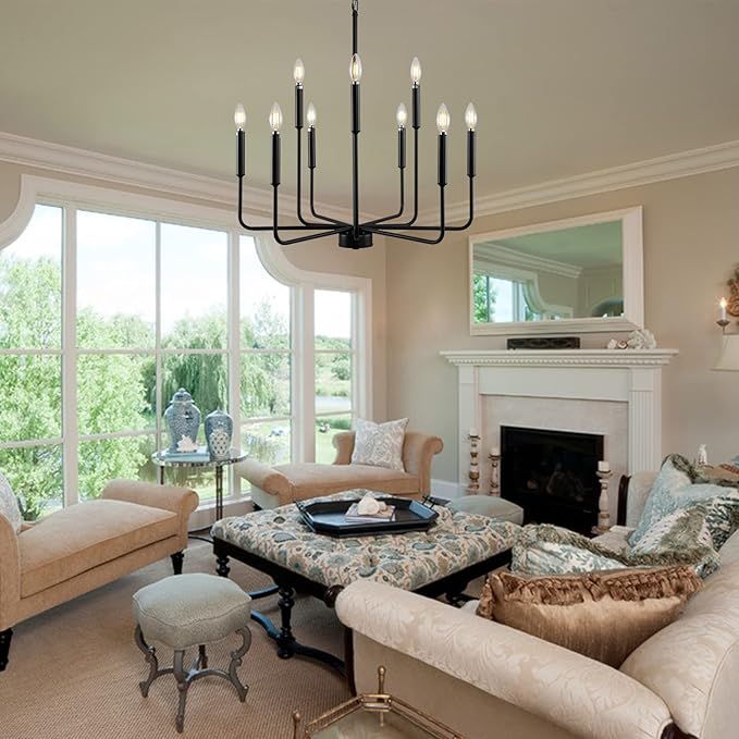 Black Chandeliers for Dining Room Light Fixture Over Table, Modern Farmhouse Chandeliers for Living Room,9-Lights Industrial Metal Candle Lighting Fixtures for Entryway Kitchen Island Foyer