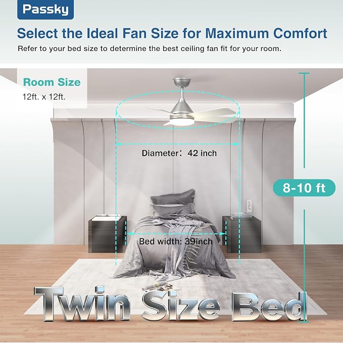 Passky 42 Inch Silver Sleek Ceiling Fans with Lights, Remote Control | 3-color dimmable light, quiet reversible DC motor, easy install, memory, Timer, bedroom, covered outdoor areas