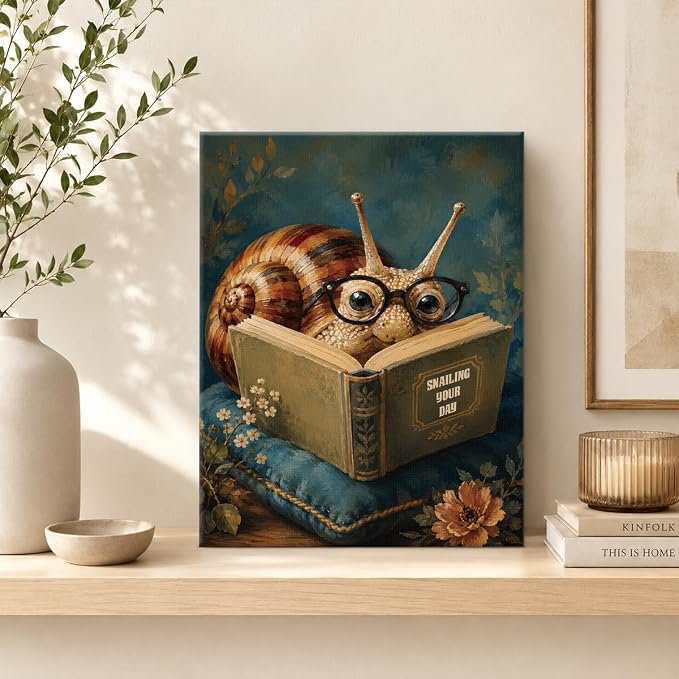 NSFBESSLIA Funny Reading Snail Painting, Whimsical Vintage Animal Decor, Snailing Your Day, Cottagecore Wall Art for Living Room Bedroom Entryway, 8x10 Inch