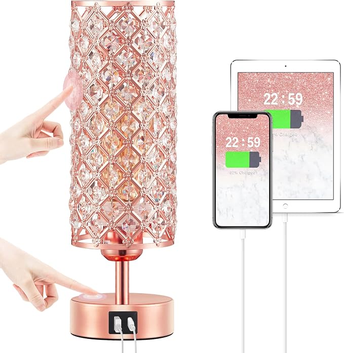 Pink Crystal Table Lamp, 3 Way Dimmable Touch Lamps for Night Stands | Rose Gold, Touch Control, USB C+A Charging Port, Desk Lamps for girls Bedroom, Living Room, Home Office, Room Decor