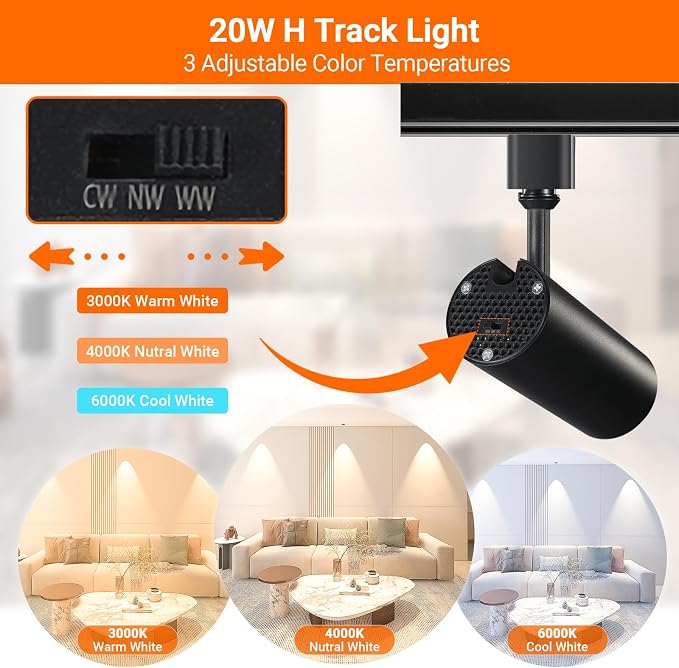 20W LED H Track Lighting Heads, 3-Color, Black, Pack of 8 | Dimmable, 3000K 4000K 6000K Adjustable, CRI90+ 1900lm 24° Beam H Track Lighting Fixtures Ceiling for Kitchen, Living Room