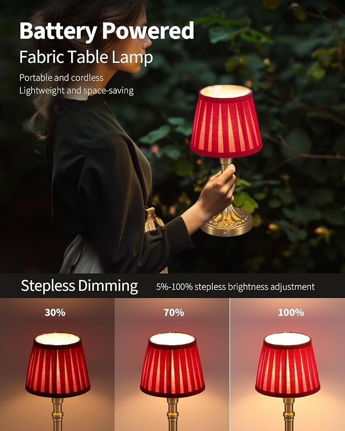 KDG Gold Cordless Table Lamps Set of 2, Red Fabric Shade Small Desk Lamp | Portables 4000mAh Battery Powered, LED Lighting, 2700K Stepless Dimmable, Light for Living Room, Dining Room, Bedroom