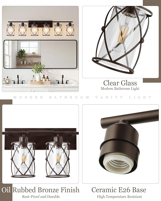6-Light Oil Rubbed Bronze Bathroom Light Fixtures Over Mirror, 42" UL-Listed Modern Farmhouse Wall Sconce Lights with Clear Glass and Metal Cage for Bath, Hardwire E26, CH9176ORB-6W