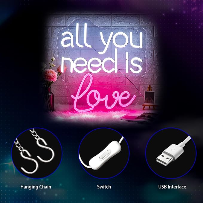 Neon Sign, Neon Signs for Wall Decor LED Signs Neon Light | All You Need is Love Neon Sign, Wedding Party Backdrop Wall Decor, Valentine's Day, Business, Home Decor, Gift, USB Powered