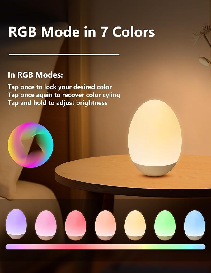Egg Night Light for Nursery: Rechargeable Baby Touch Lamp | Soft rechargeable egg baby night light with touch control, stepless dimming and warm or RGB light for nursery and feeding