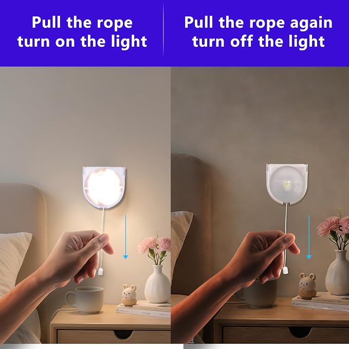 Stick up Closet Light Bulb, 4Pack Battery Operated Bulbs with Pull Chain | Zwesanii Wireless LED Lights Self Adhesive Wall Mounted Fixtures for Cabinet Bedroom Hallway, Clear Cover, Warm White,3W