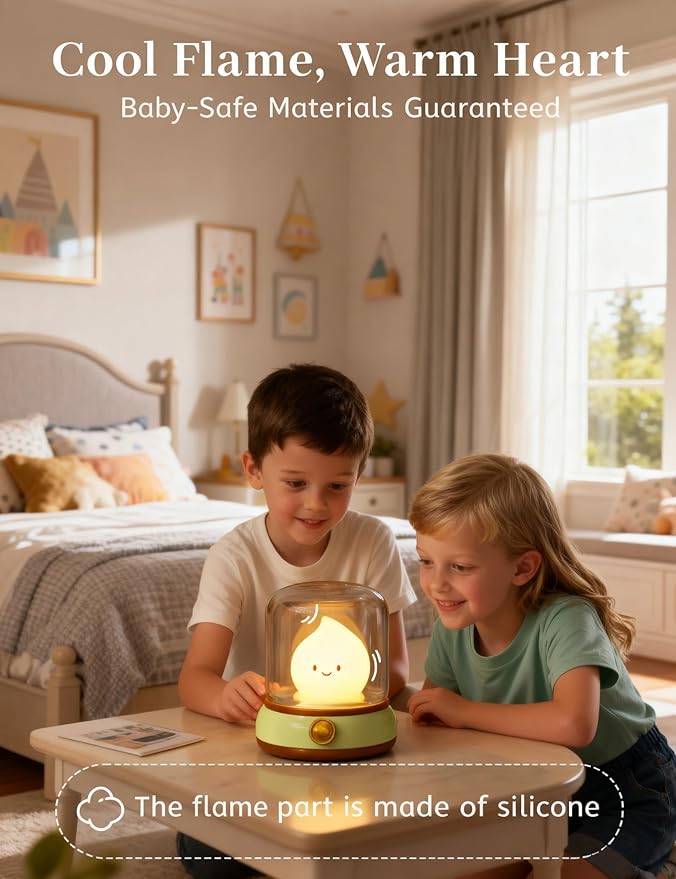 Cute Flame Kids Night Light, Rechargeable Lamp, Timer, Cozy Gift | Battery Night Light, Dimmable, kerosene Lamp, Desk Lamp Cute, Bedside Light, Portable, Kids Lantern, Nursery lamp, Ghost