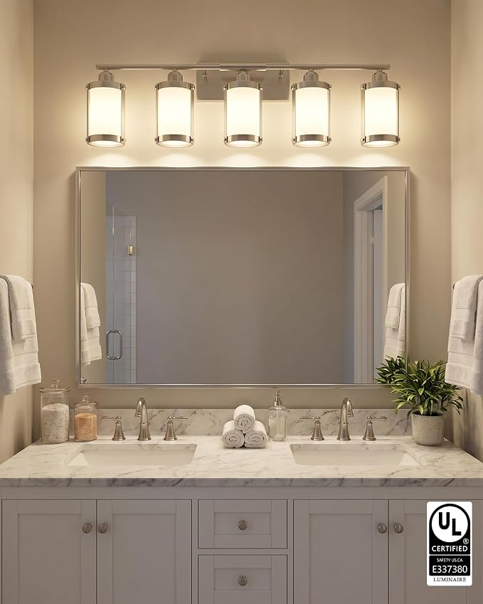 5-Light Brushed Nickel Bathroom Light Fixtures Over Mirror with Frosted Milk Glass and Metal Cage Shade, 38" UL-Listed Modern Farmhouse Wall Sconce for Bath, Hardwire E26, OS-3014BNW-5W