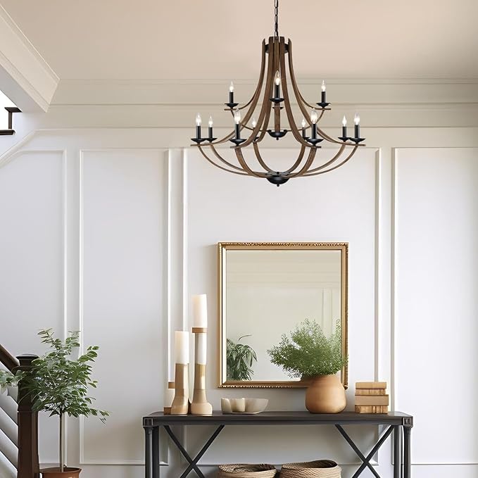 Farmhouse Chandeliers for Dining Room Light Fixture, 2 Tier 12-Light 41" Adjustable Height Retro Faux Wood Texture Rustic Light Fixtures for Living Room Bedroom Foyer Entryway