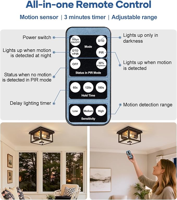 Motion Sensor Outdoor Ceiling Light with Remote, 8.5 Inch Brown and Gold Flush Mount Porch Light Fixture with United Glass Cover, 5 Modes Outside Flush Mount Light for Porch, Garage, Entryway