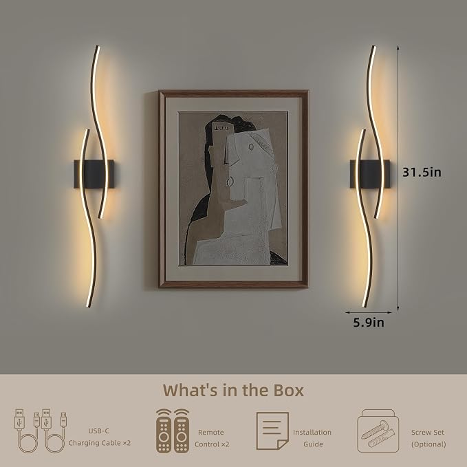 Battery Operated Wall Sconce Set of 2, Dimmable Modern LED Wireless Wall Light with Remote Control, Sconce Wall Decor for Living Room, Hallway, Quick Install, No Electrician Required