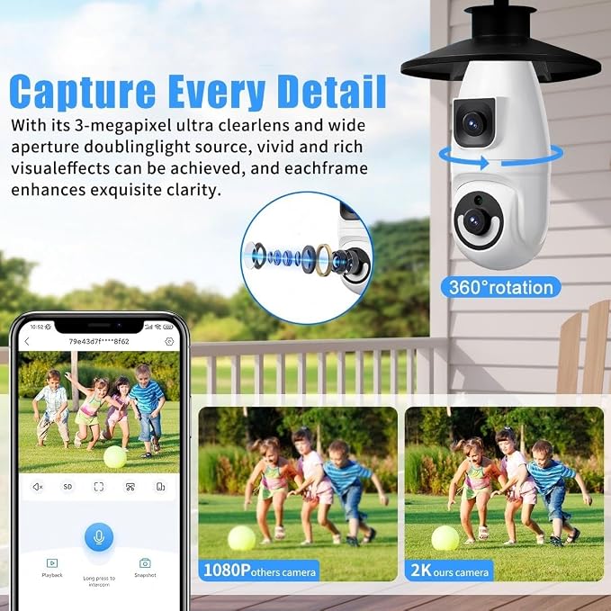 Ameyes Light Bulb Indoor Camera Wireless with Dual-Lens, 1080P Dog/Pet Cameras for Home Security, 2.4&5GHz WiFi Camera with Phone App, Color Night, Motion Detection, Compatible with Alexa