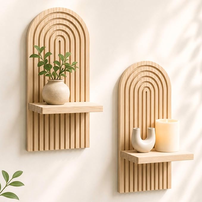 Wall Candle Holder Set of 2, Boho Wall Decor, Arch Candle Sconces, Natural | Natural-tone boho wood wall decor for living room, bedroom, hallway, and entryway, with shelves for lightweight accents.
