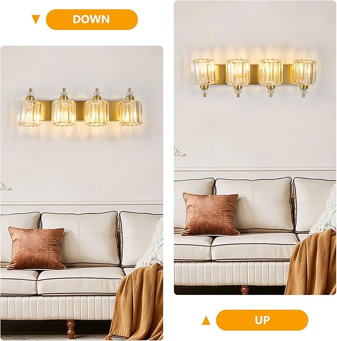 4-Light Brushed Brass Bathroom Light Fixtures Modern Vanity Lights Over Mirror Gold Bathroom Vanity Lighting with Crystal Shade E26 Base Wall Sconce for Bedroom Living Room Restroom Wall Lamp