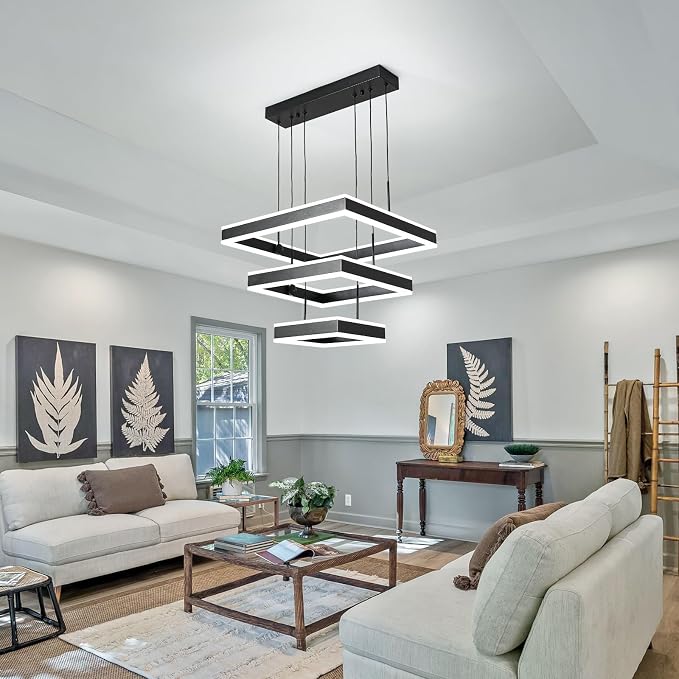 O'NEELDY LED Pendant Light Fixture, 20.47'' Modern Chandelier Square Rings Adjustable Height Black Pendant Lighting 3 Lights Kitchen Island Chandeliers for Dining Room, 6000K
