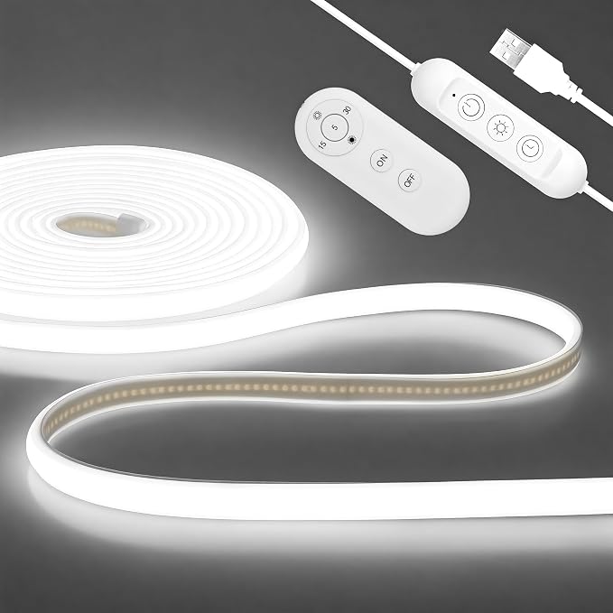 ALITOVE USB LED Light Strip 5V 16.4FT 6000K Cool White COB Strip Light | Flexible Cuttable Neon Rope Light, Dotless Tape Light with Remote Dimmable, for Indoor Outdoor Home RV Camping Lighting