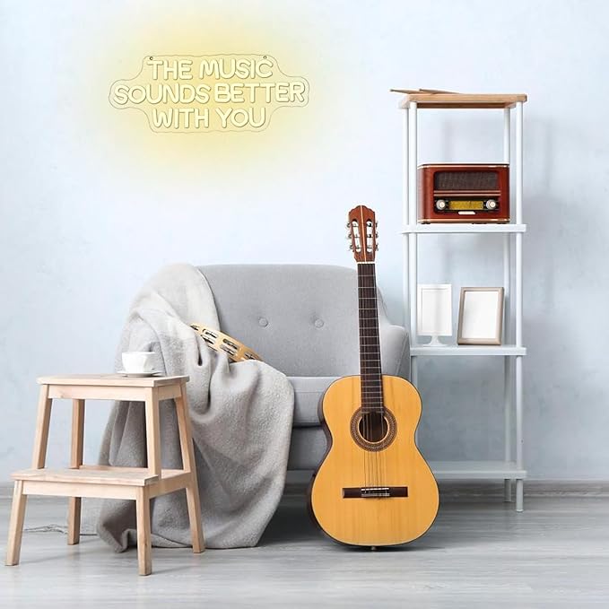 "The Music Sounds Better With You" Neon Sign for Wall Decor White Letter LED Sign for Bedroom Music Studio Record Shop Decoration