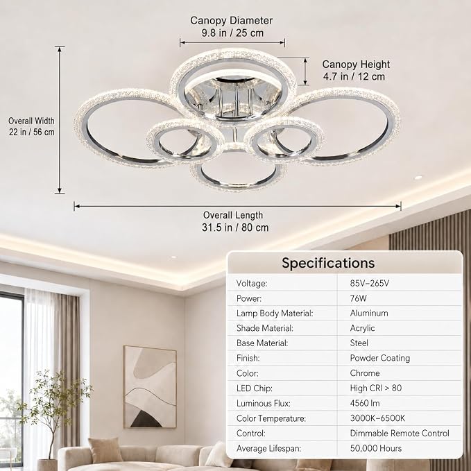 Garwarm Modern LED Flush Mount Ceiling Light with Remote, 6 Ring Chrome | 76W Dimmable LED Ceiling Fixture,3000K-6000K Adjustable Lighting for Low Ceiling Living Room, Dining Room ,Kitchen,Bedroom