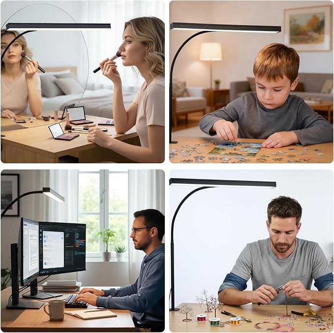 LED Desk Lamp with clamp, Remote Control Desk Lamp, 5 Color Modes & 10 Brightness Levels, 17'' Wide Light Bar, Eye Caring Gooseneck Desk Light, Adapter Included
