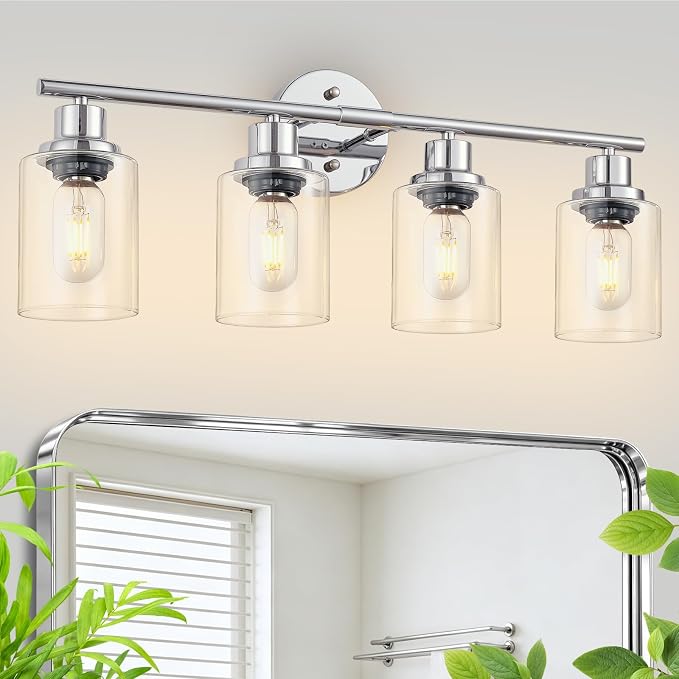 4-Light Bathroom Light Fixtures, Modern Chrome Vanity Lights for Bathroom with Clear Glass Shade, Wall Lamps for Mirror Hallway Kitchen Cabinet Living Room Sconces Lights