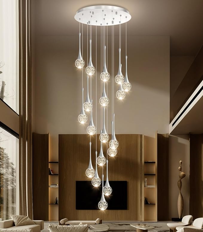18 Light Modern Glam Crystal Chandelier for High Ceiling LED Dimmable Ceiling Pendant Light Staircase Foyer Enterway Living Room Chandelier Lighting Antique Silver
