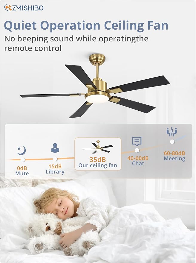 ZMISHIBO 52” Mid Century Ceiling Fan with Light, Remote, Black and Gold | High CFM Powerful Airflow, Quiet DC Motor, 3 CCT LED, Indoor/Covered Outdoor, Dual-Finish, Damp Rated