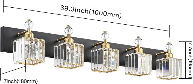 PRESDE Crystal 5 Light Bathroom Vanity Lights Modern Black and Gold Bathroom Lights Fixtures Over Mirror Modern Bath Wall Lighting