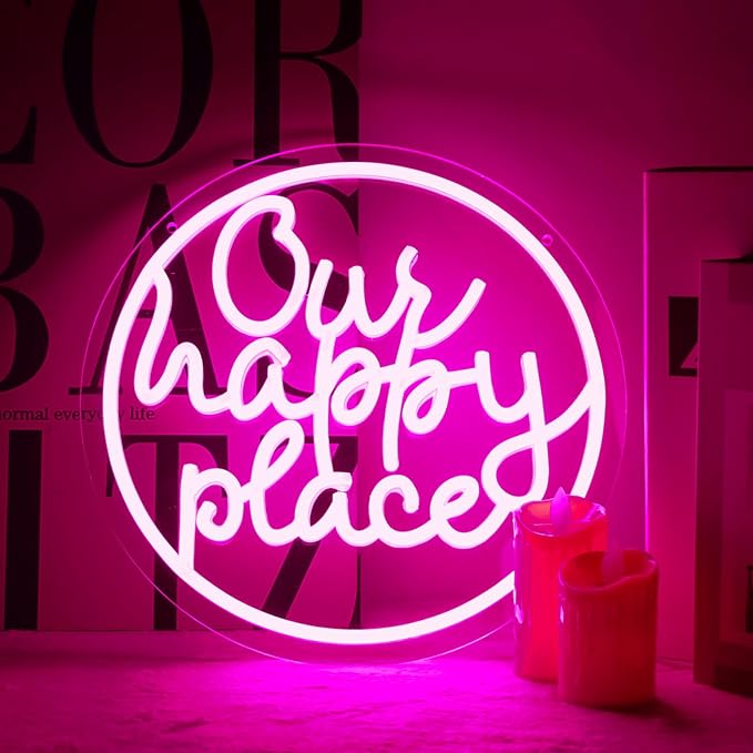 Our Happy Place Neon Sign Happy Place Neon Signs for Wall Decor，LED Signs for Bedroom Living Room Man Cave Home Bar Birthday Party Game Zone Decor Neon Classroom Signs
