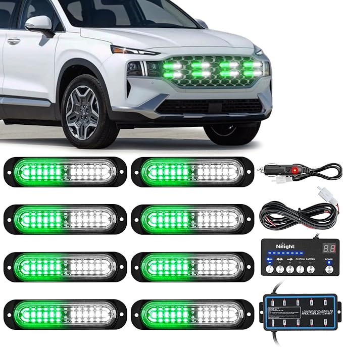 Nilight 8PCS Led Strobe Lights with Controller 12V 24V Sync Feature Green White Strobe Light 12 LED Surface Mount Emergency Hazard Warning Lights with Strobe Controller for Vehicle Car Truck RV ATV