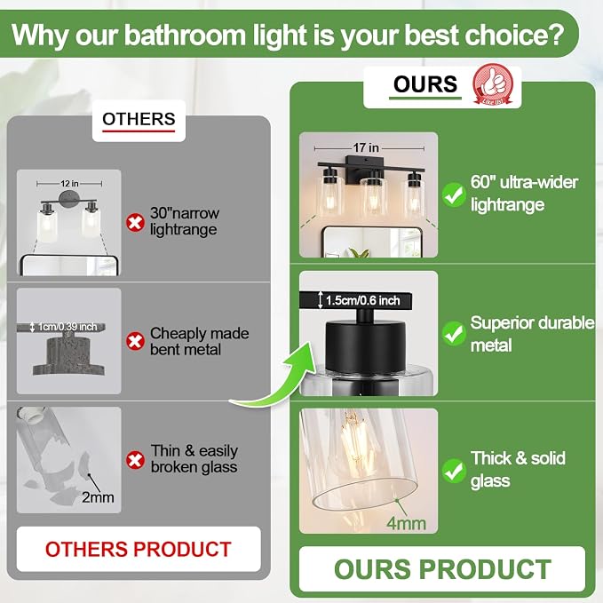 Black Bathroom Light Fixtures with Clear Glass Shades, Modern 3 Light Vanity Lights for Bathroom, Vanity Lights with E26 Socket (Bulbs Not Included), for Mirror, Bedroom, Hallway