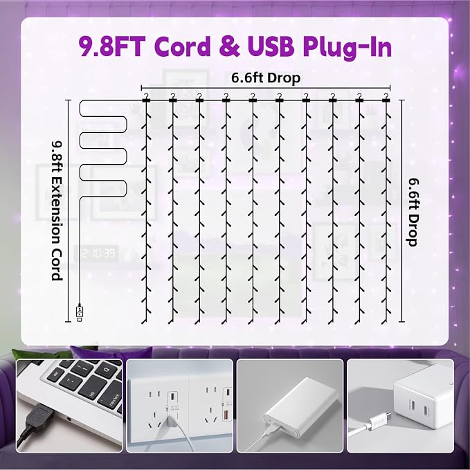 Curtain String Light, 200LED 6.6x6.6ft, Remote & 8 Modes, USB | Window Wall Hanging String Lights, For Bedroom, Wedding, Party, Home, Garden and Indoor Decorations, Purple