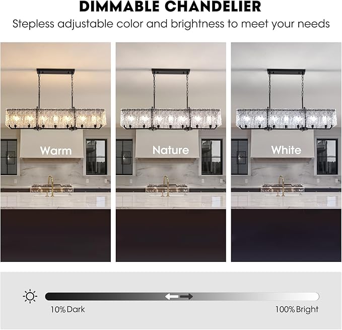 CROSSIO Rectangle Black Crystal Chandeliers for Dining Room, 47inch Large Rectangular Water Ripple Glass Island Light Fixture, Luxury Rectangular Chandelier for Kitchen Island Living Room