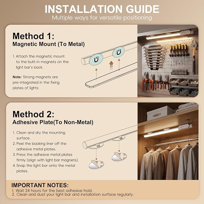 Motion Sensor Closet Lights 15.4",1800mAh Rechargeable Under Cabinet Lighting,180° Rotatable Head & 120° Sensor Wireless Closet Light, 180LM Cabinet Lights, 3 Color Modes Stick on Lights (2Pack)