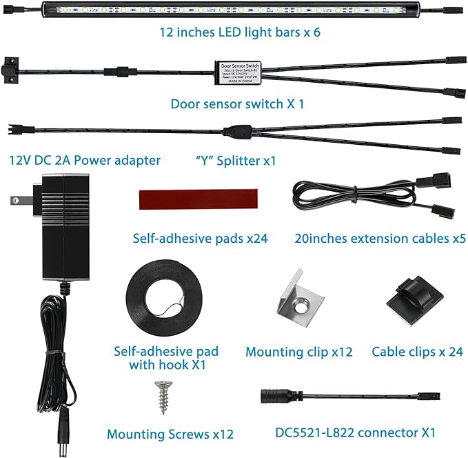 LED Safe Lighting Kit Plug in. Door Control Activated. 5000K | 6 Slim 12 inch Light Bars. Linkable Extendable for Gun Safe, Closet, Tool Box, in-Cabinet Under Counter Pantry. Daylight