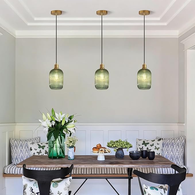 1 Pack Pendant Lights with Vintage Green Ribbed Glass Lampshade, Adjustable Brushed Gold Pendant Lights Fixtures for Kitchen Island Lighting Sink, Dining & Living Room Hallway (Bulbs Not Included)