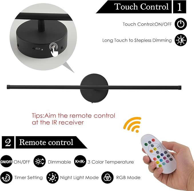KARTOOSH Battery Operated Wall Sconces Set of Two Wireless Wall Lights | Rechargeable Wall Sconce with Remote 350°Rotate Dimmable RGB 3CCT LED Wall Lamp for Living Room, Bedroom