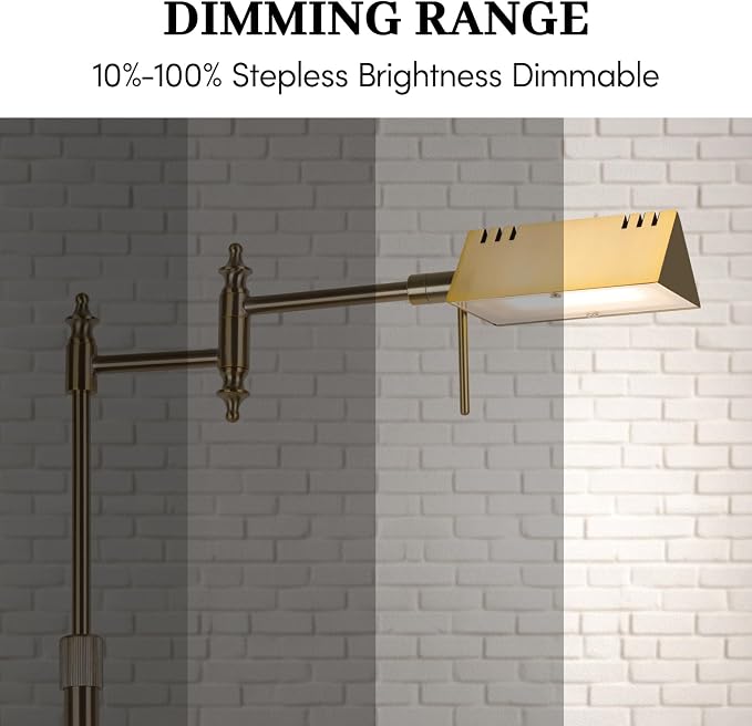 Bairth Gold Reading Floor Lamp, Dimmable Pharmacy Standing Lamp with Remote | 3 Color Temperature, Dimmable, 17W LED, Height Adjustable, 360°Swing Arm, for Living Room, Bedroom, Office, Craft & Sewing