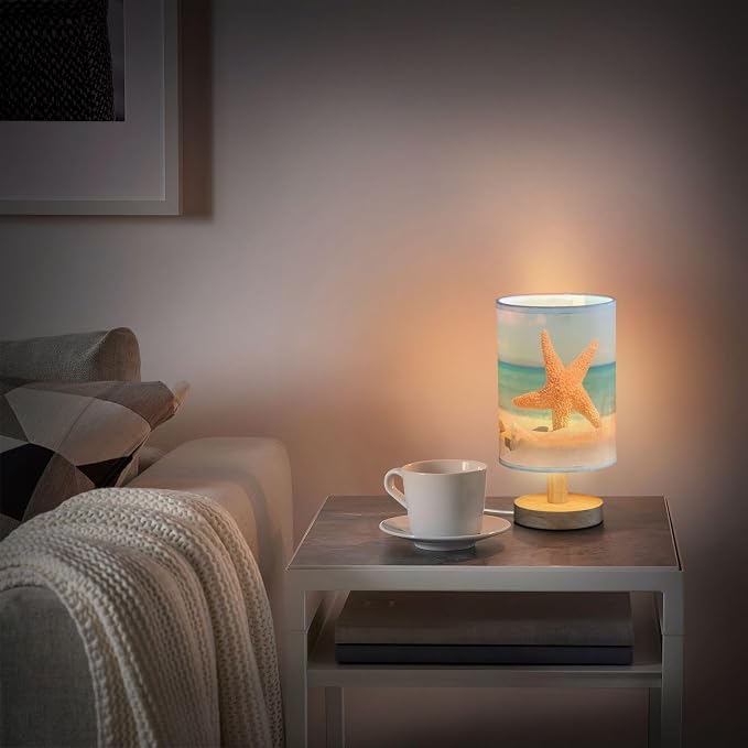 Table Lamp Ocean Beach Starfish Seashell Stone Blue Sky Nightstand Lamp with Wood Base Fabric Lamp Shade Bedside Desk Lamp for Living Room Bedroom Kids Room Office