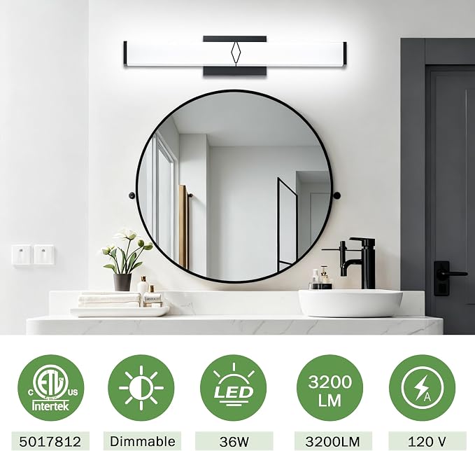 32 Inch Bathroom Vanity Light 3200LM, 5700K Daylight White Modern Bathroom Light Dimmable, AC 120V 36W Matte Black LED Vanity Lighting Fixtures Wall Sconce ETL Certified, 2Pack