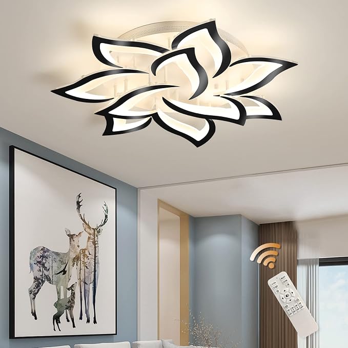 Garwarm 33.4" Modern LED Low Profile Flush Mount Ceiling Light, Dimmable | Black Flower Petal Ceiling Light with Remote, Acrylic, 3000K-6500K, Memory for Kitchen, Living Room, Bedroom, Dining Room