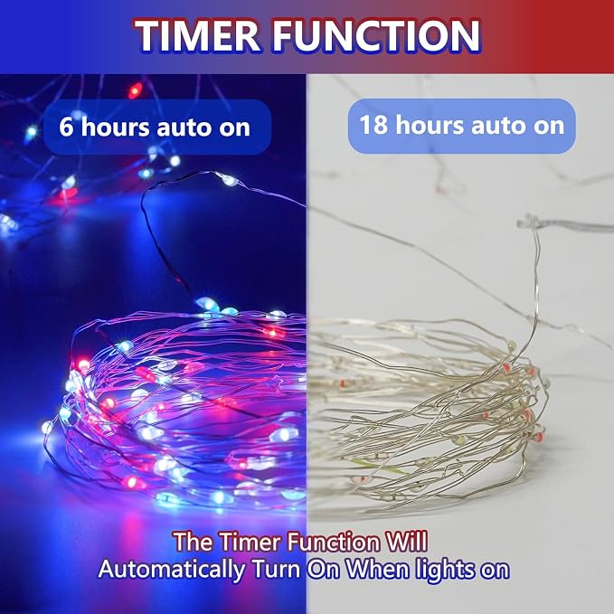 4Pack 80FT 240LED Red White and Blue Fairy Lights Battery Operated with Remote | 4th of July Decorations Twinkle Lights with Timer | American Flag Light for Independence Day Patriotism Decorations