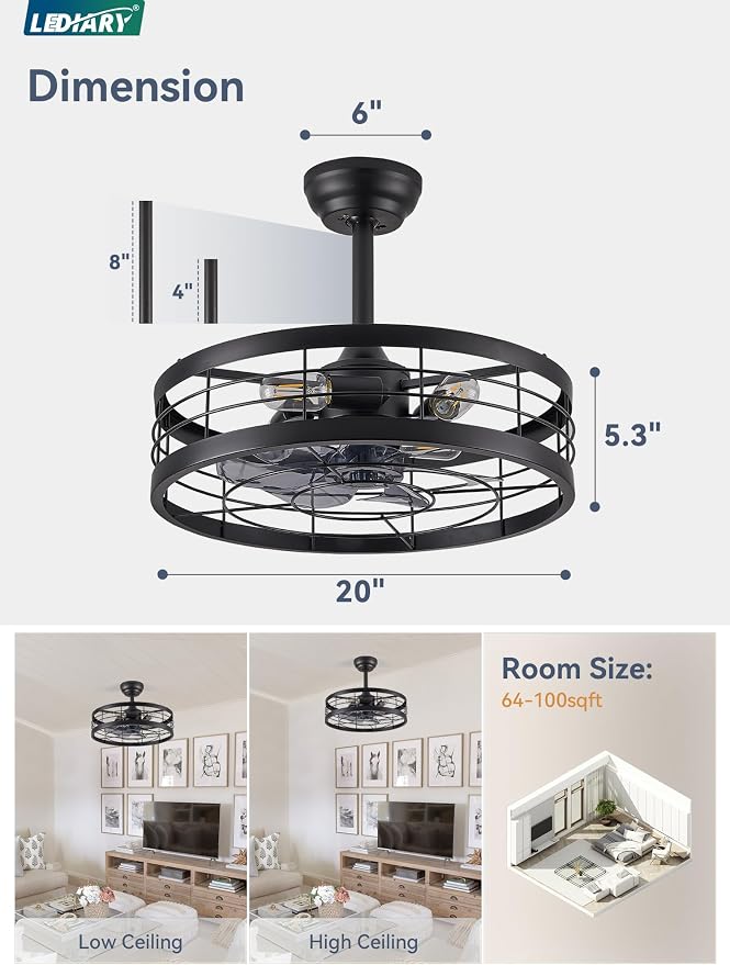 LEDIARY 20 inch Fandelier Caged Ceiling Fan with Light and Remote, Black | 6 Speed Adjustable,Timing, Quiet & Powerful DC, Small, Farmhouse, Industrial, Enclosed, Bladeless, Bedroom, Kitchen, Downrod